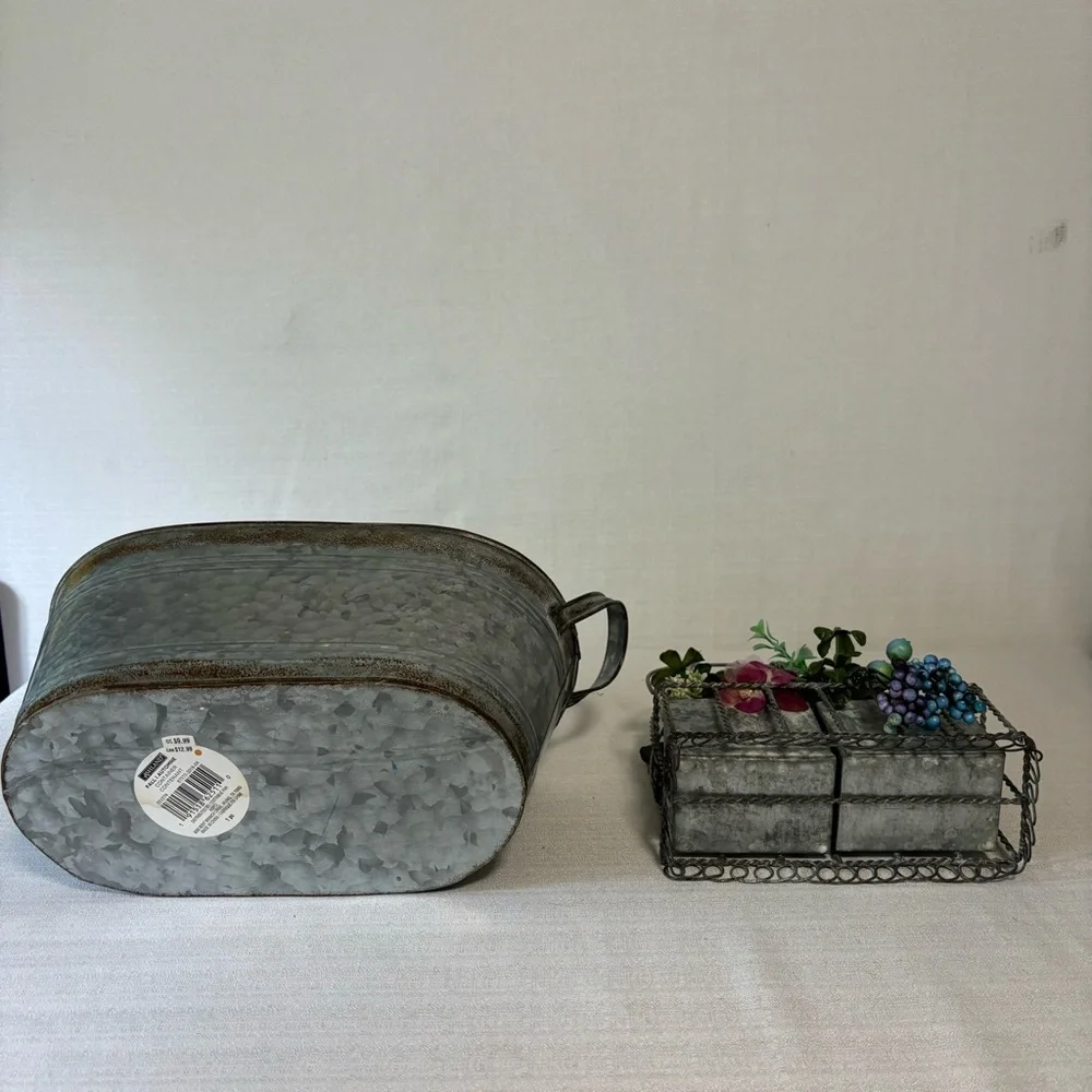 Aged Galvanized Oval Metal Bucket & Handled Floral Basket Set